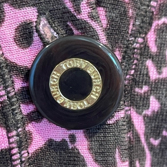 Tory Burch Merino Wool Cardigan Sweater, Pink and Brown Print, Logo Buttons, S - Picture 5 of 15